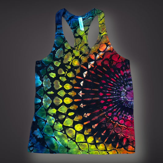 Stained Glass Mandala in Dark Rainbow - Women’s Large Reverse Racerback Tank