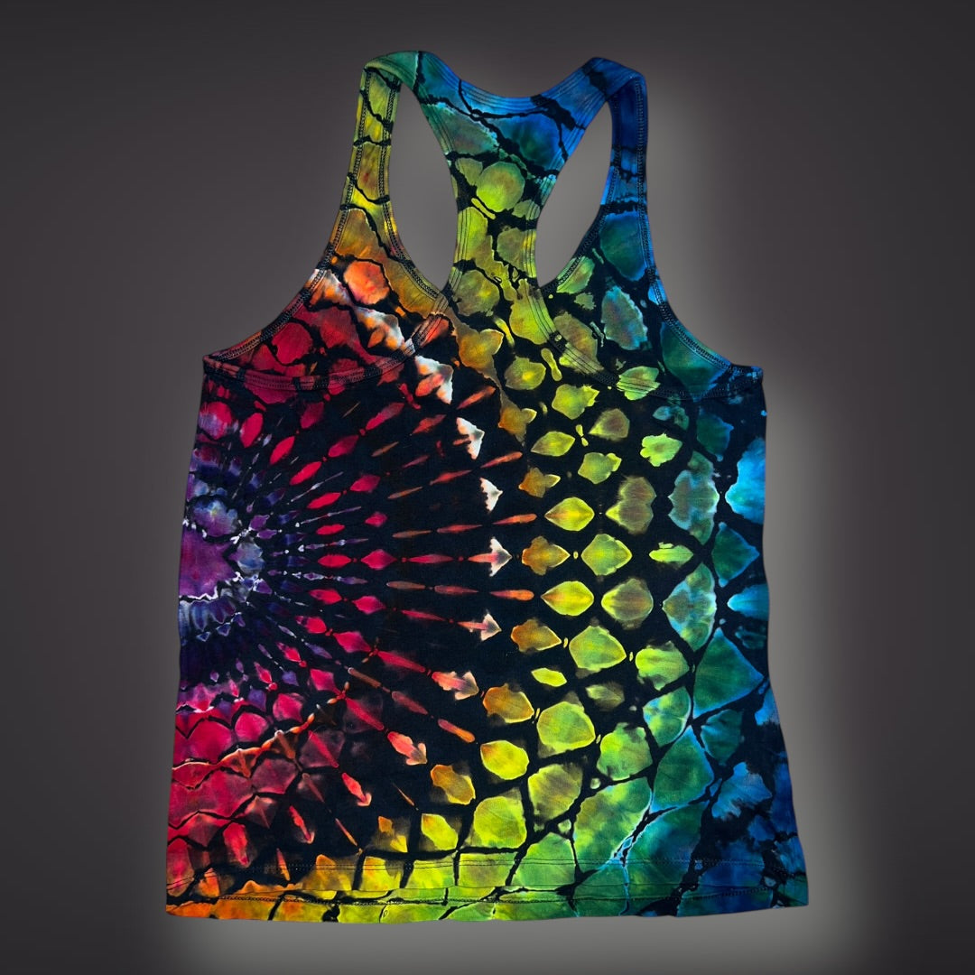 Stained Glass Mandala in Dark Rainbow - Women’s Large Reverse Racerback Tank